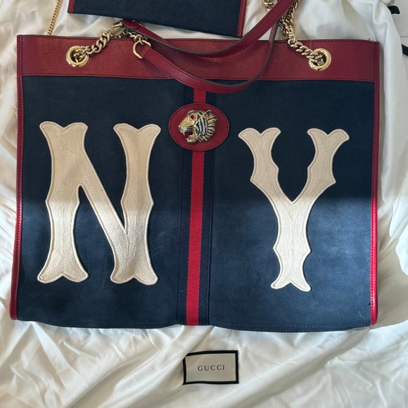 GUCCI Women's Blue Rajah Ny Yankees Large Suede & Leather Tote - Picture 14 of 15